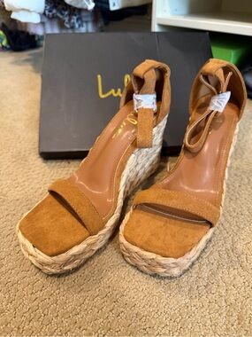 Lulu's Tan Suede Espadrille Platform Wedge Sandals